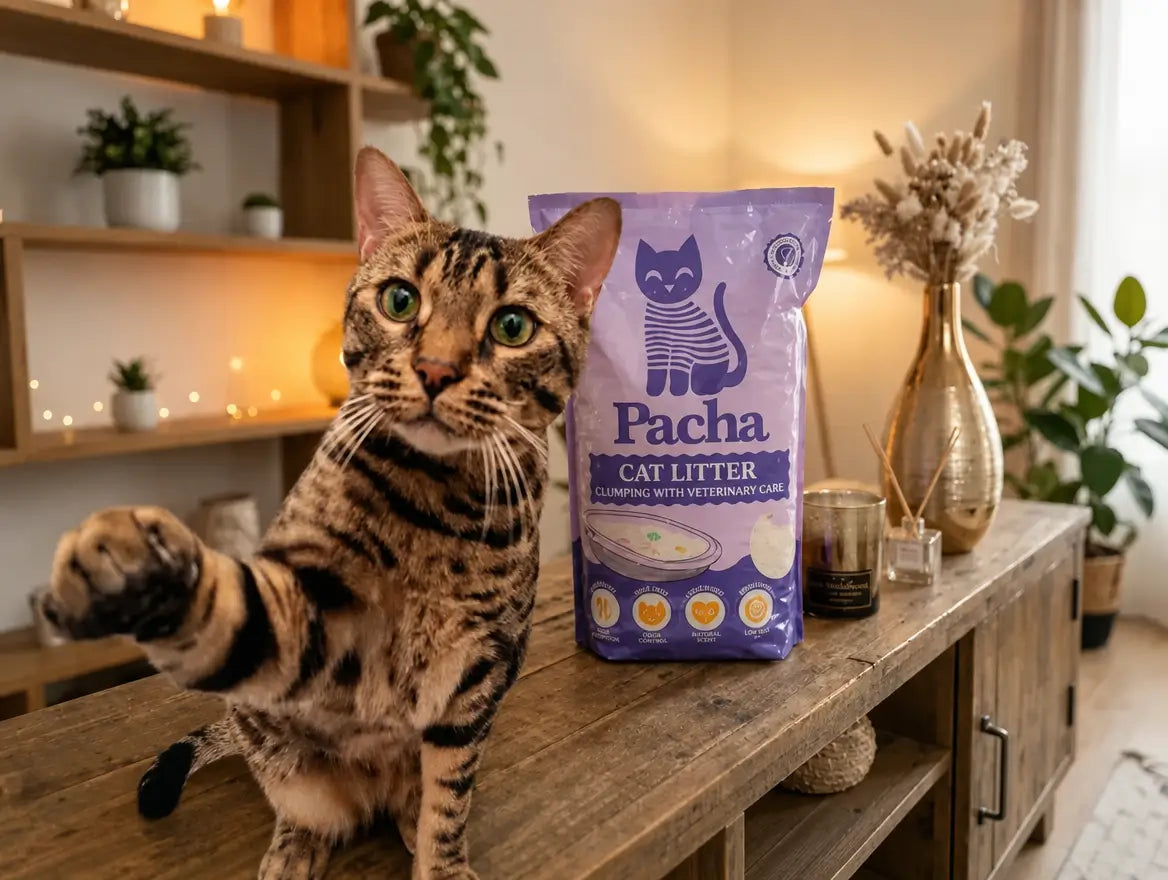 Bengal cat next to a Pacha bag