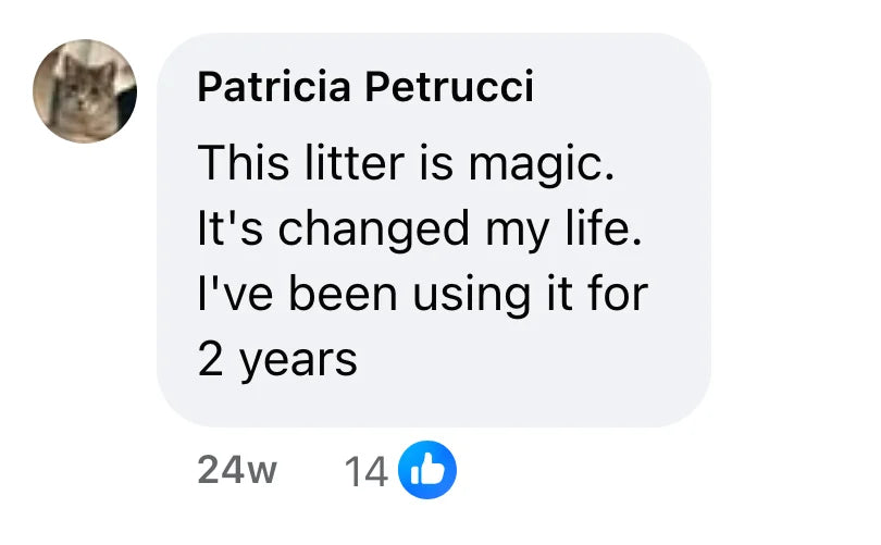 Facebook comment by Patricia Petrucci (14 likes): "This litter is magic. It's changed my life. I've been using it for 2 years"