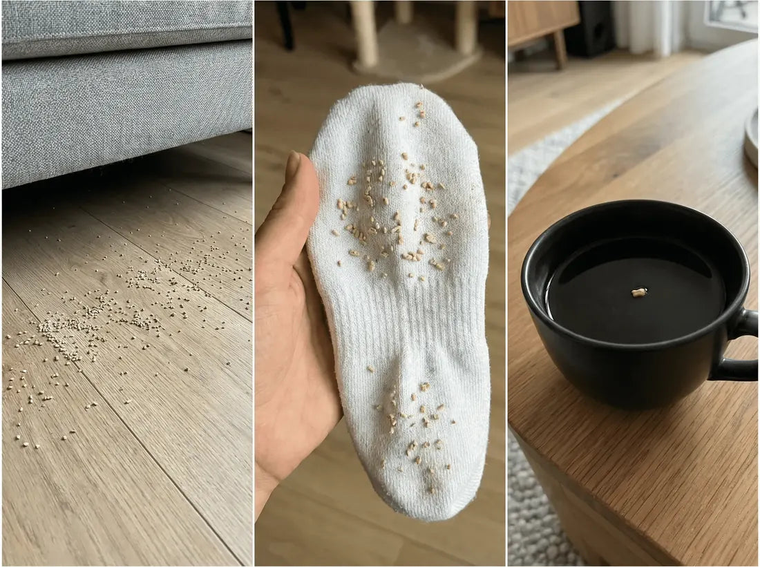 Litter granules everywhere: under the sofa, stuck to socks, in a mug of tea