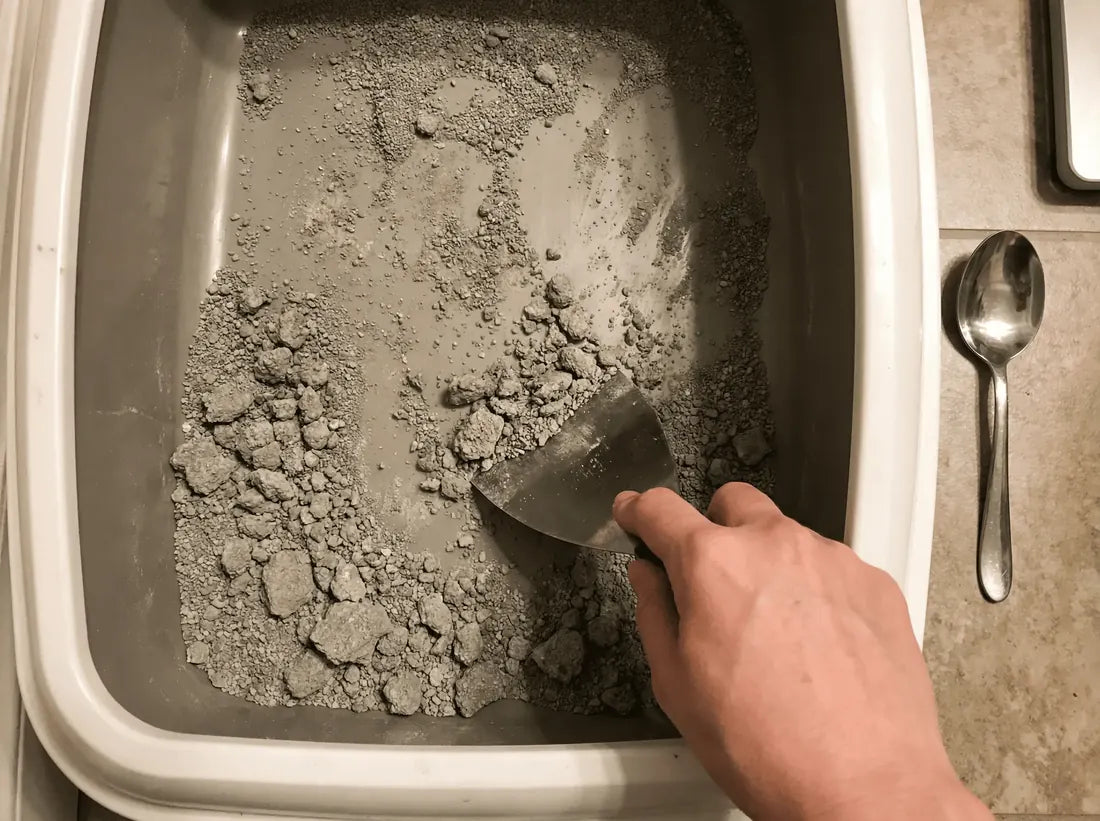 Bottom of litter tray covered in cement-like residue, scraped with a metal scraper, tablespoon next to it
