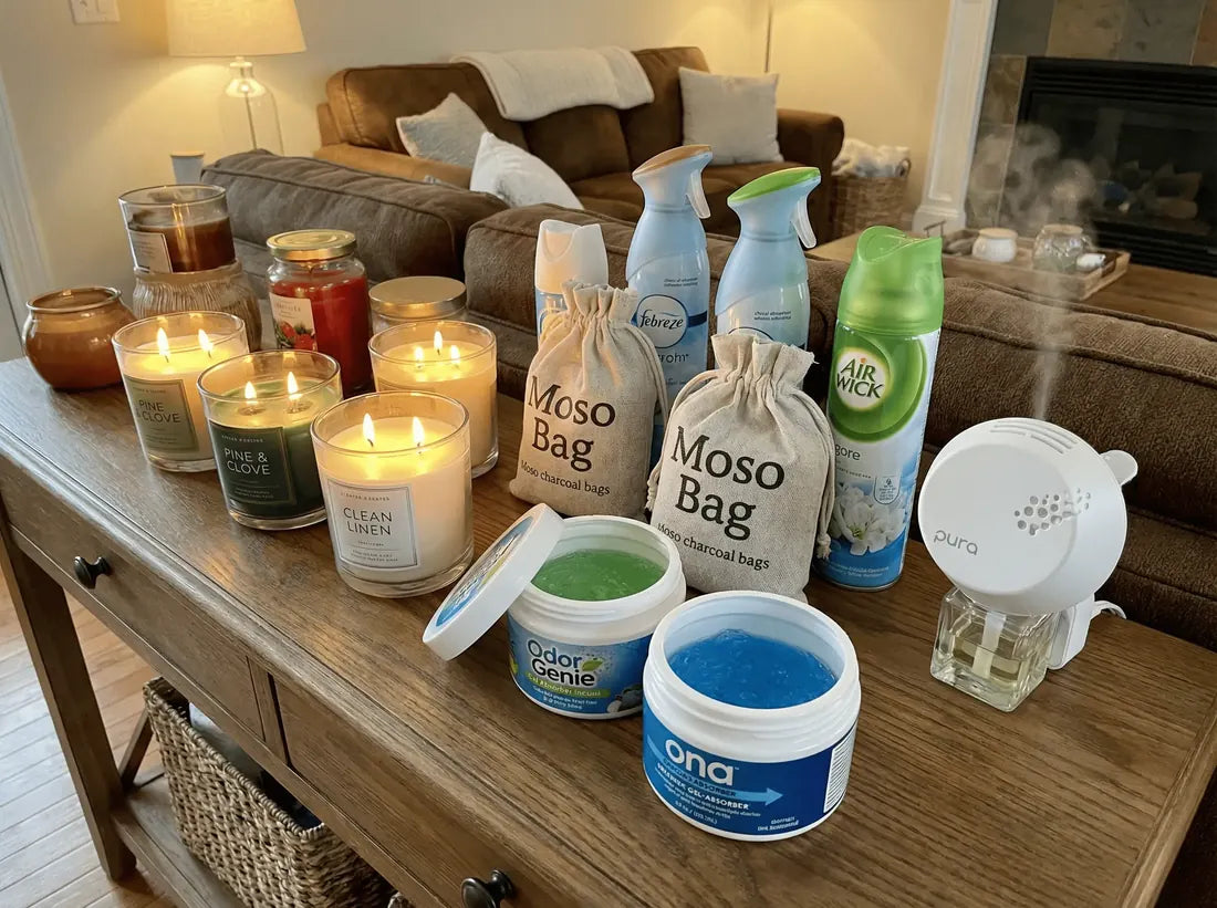 Anti-odour arsenal: candles, sprays, charcoal sachets, gel pots lined up on a shelf