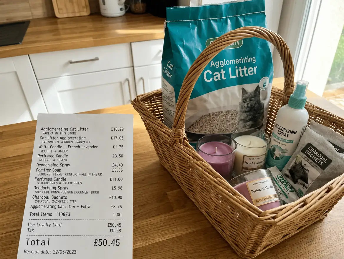 Supermarket receipt totalling £50.45 with basket: clumping cat litter, deodorising sprays, candles and charcoal sachets