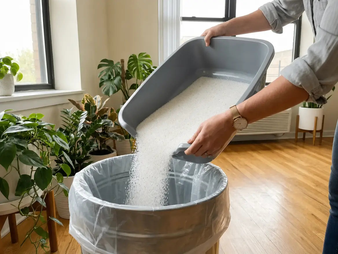 A woman tips the litter tray into a lined bin, Pacha crystals slide out cleanly without a cloud of dust