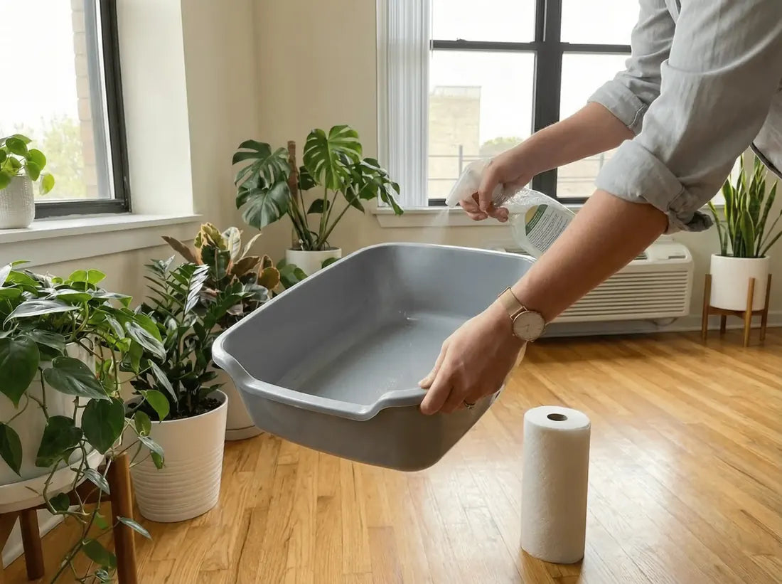 Spritz of cleaning spray in the empty tray, kitchen roll next to it