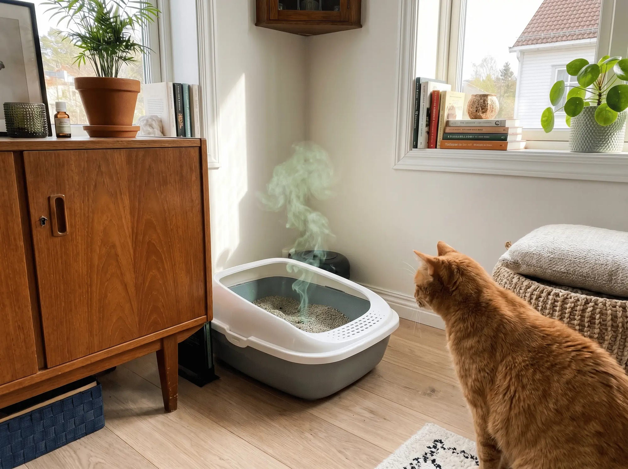 A waft of smell rising from a litter tray in a living room, a cat watching it from the side