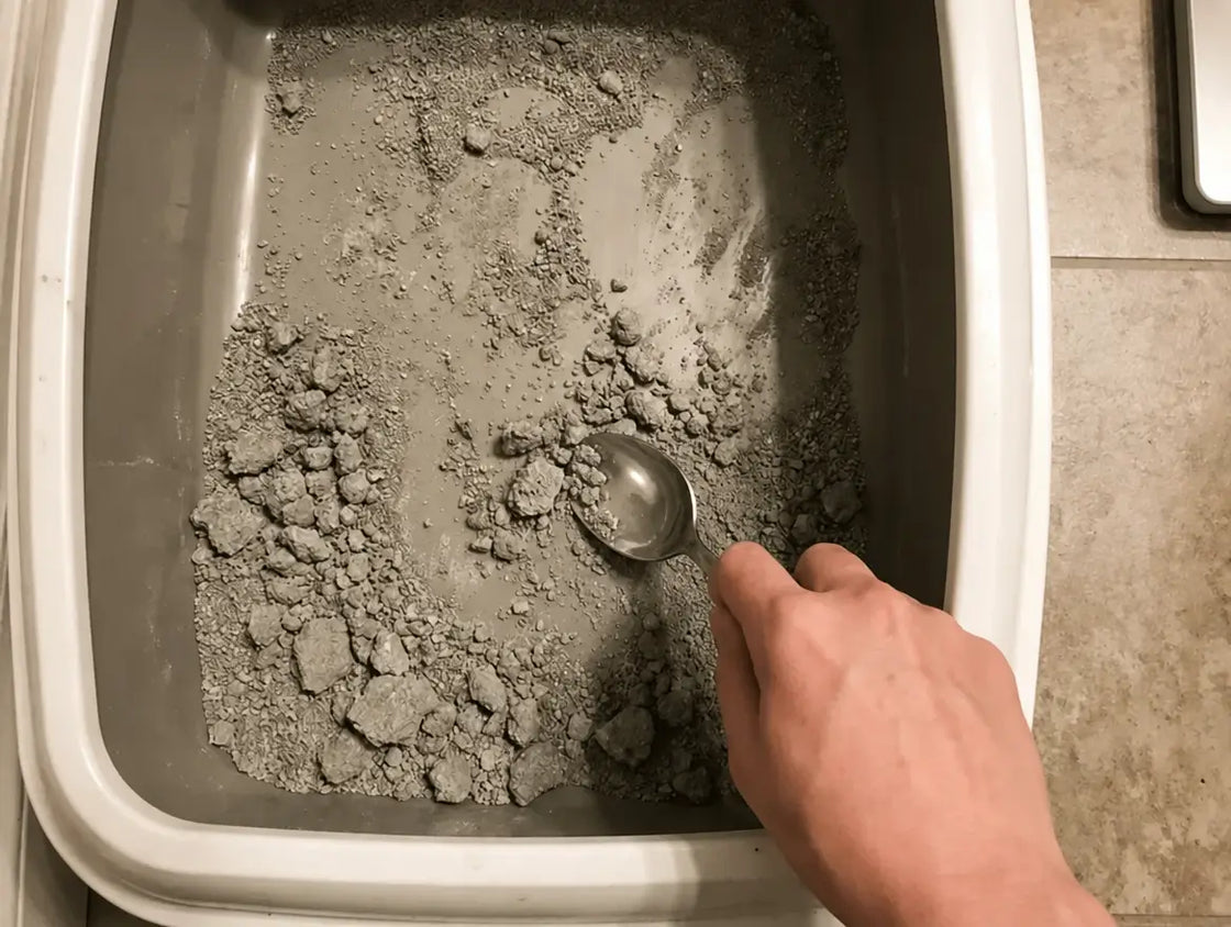 The bottom of a litter tray crusted with hardened grey clumping litter, being scraped with a metal spoon