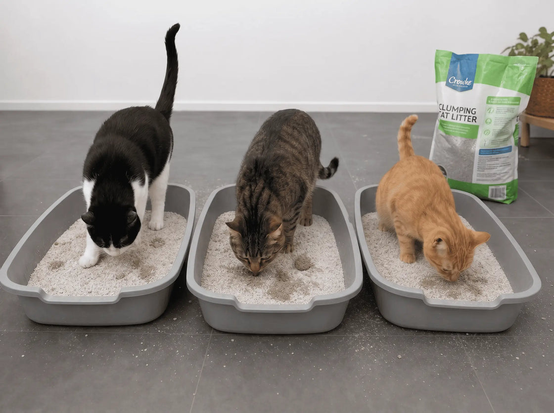 Three cats each using their own clumping clay litter tray in a flat