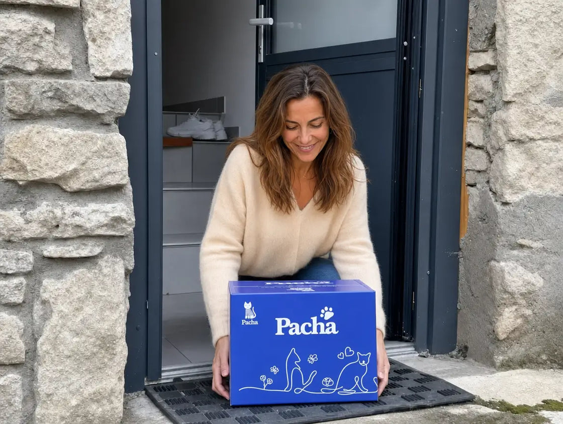 A woman picking up a Pacha delivery box from her doorstep