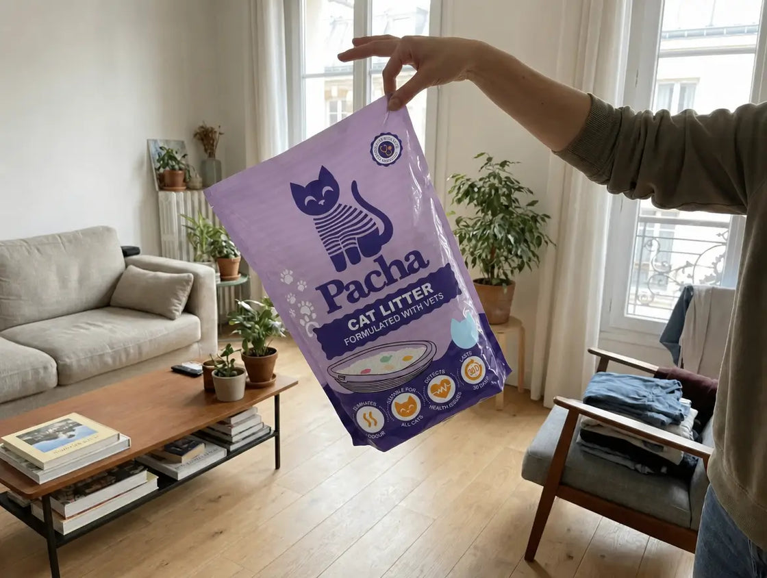 A hand pinching a bag of Pacha litter between two fingers, holding it up because it's so light