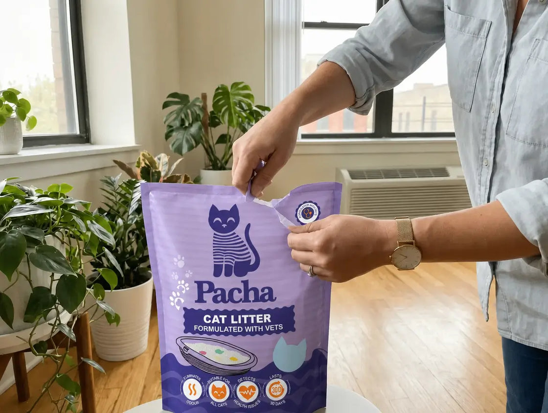 A woman opening a fresh bag of Pacha litter, pinching it between two fingers