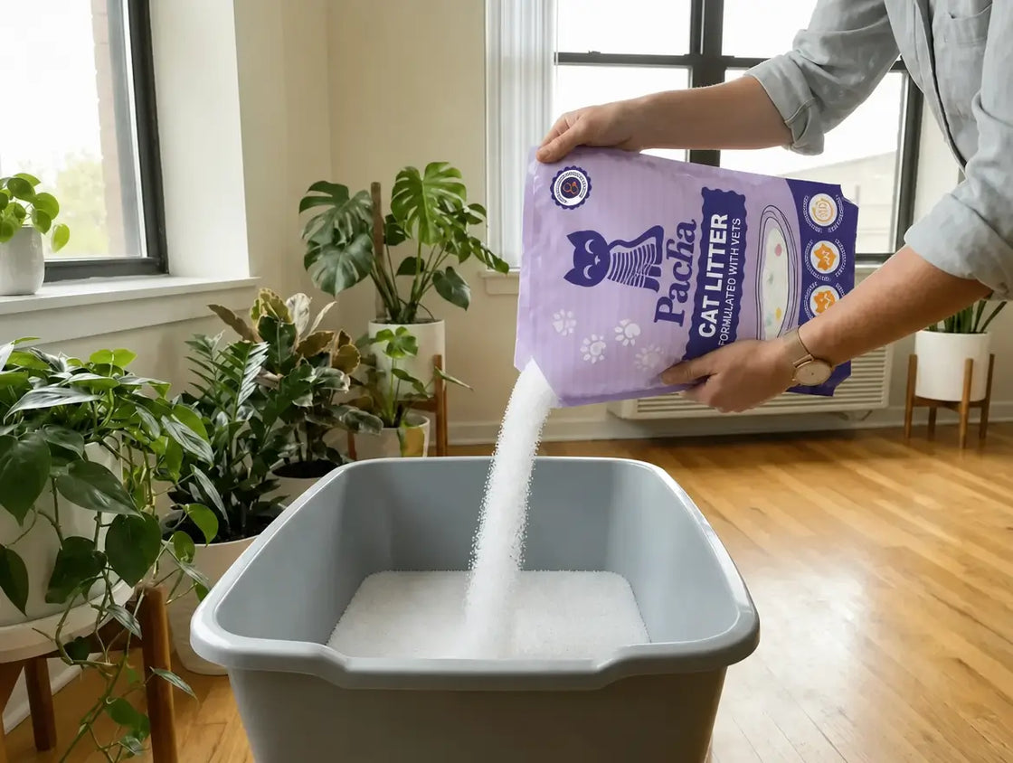 A woman tipping a purple Pacha bag straight into a litter tray, the white crystals falling without any dust
