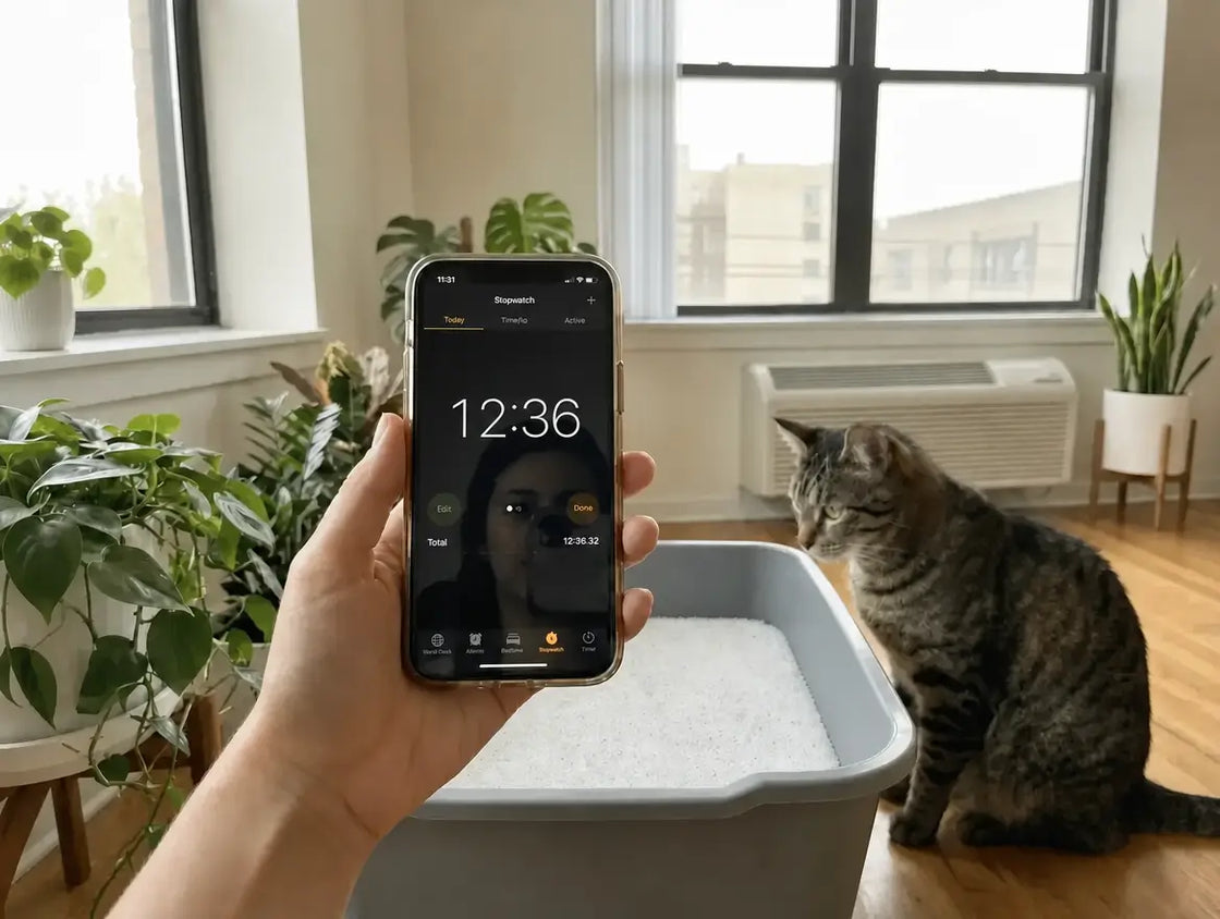 A hand holding a phone showing a stopwatch, a tabby cat sitting next to a tray full of white Pacha crystals