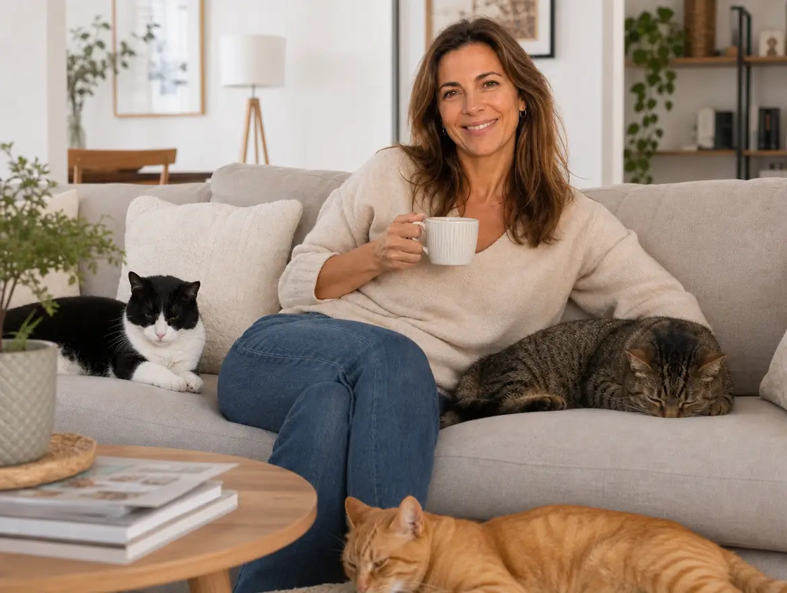 A relaxed woman on her sofa, mug in hand, her three cats lounging around her