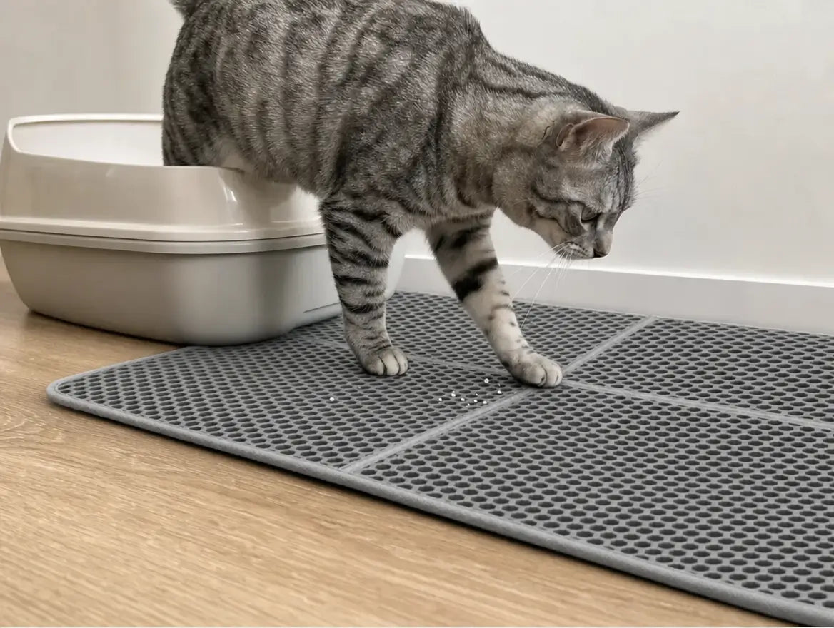 Cat stepping out of the litter tray onto an XL mat with a few granules caught on it