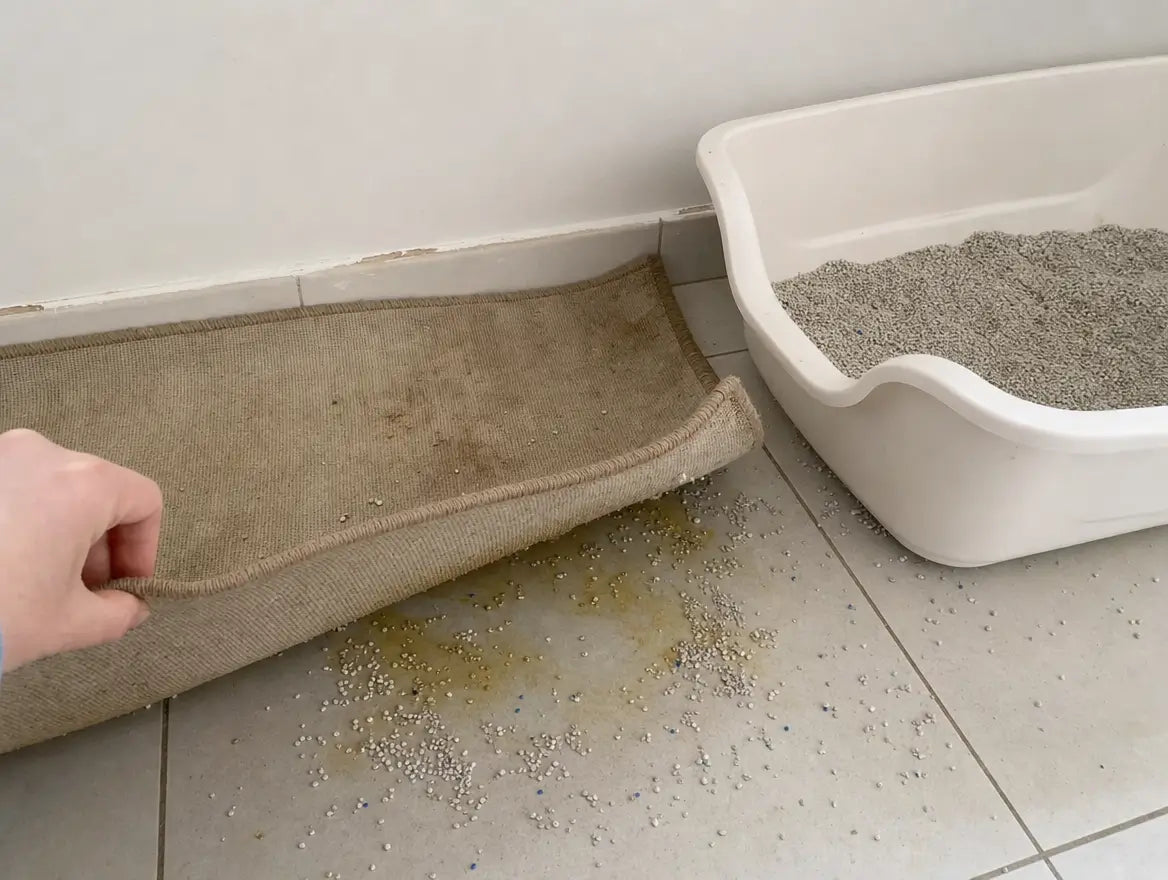 A hand lifts a tired fabric mat, revealing granules and a damp patch underneath