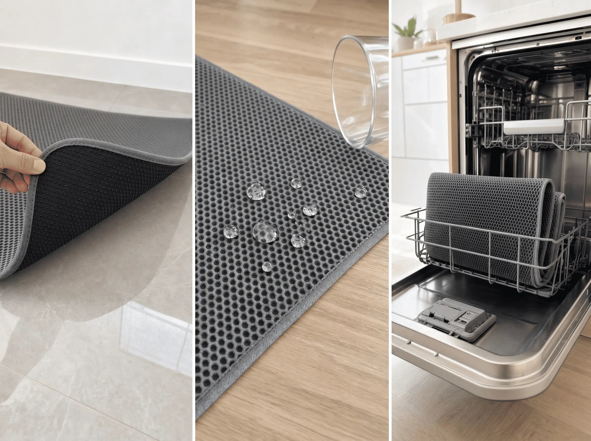 XL Mat triptych: non-slip surface, waterproof base with water beads, dishwasher-safe