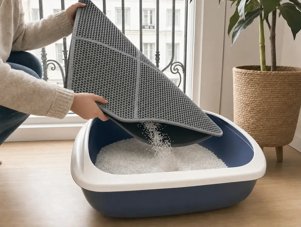 A hand lifts the XL Mat over the tray; the granules drop back in