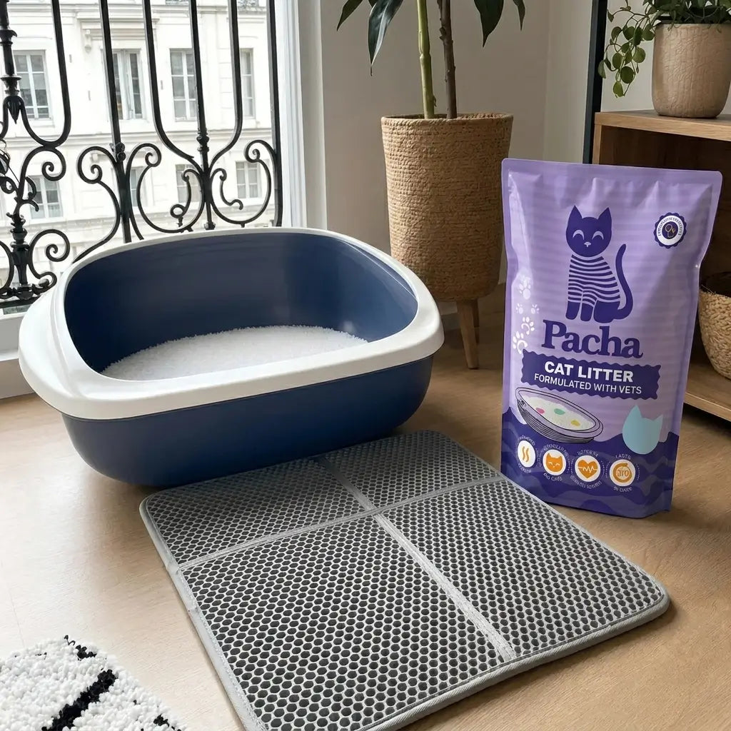 Blue litter tray set up next to the XL Mat and a bag of Pacha litter, in a sunlit flat