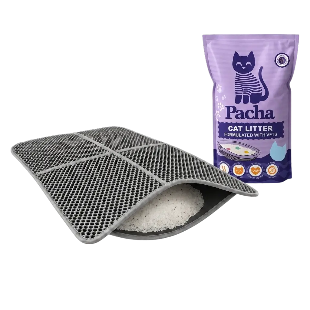 XL Mat unfolded next to a bag of Pacha litter pouring out crystals